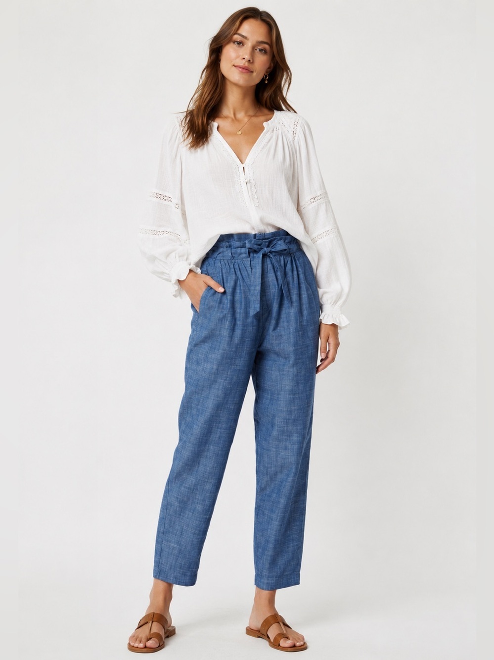 Joie Jura Paperbag Waist Chambray Cotton Pants with Blue Tie Size 6